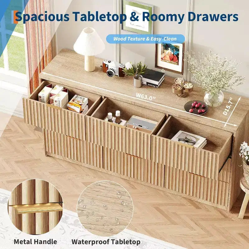 Commode cannelée à 9 tiroirs, Grand organisateur de rangement en bois avec dispositif anti-basculement, Commode et table de chevet rétro pour couloir et entrée