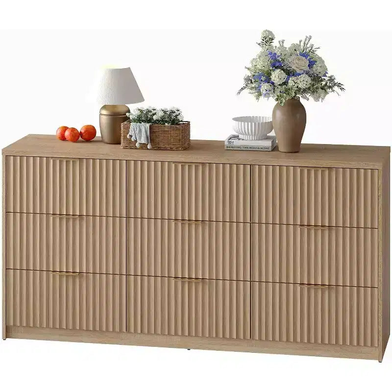 Commode cannelée à 9 tiroirs, Grand organisateur de rangement en bois avec dispositif anti-basculement, Commode et table de chevet rétro pour couloir et entrée