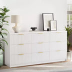 Commode cannelée à 9 tiroirs, Grand organisateur de rangement en bois avec dispositif anti-basculement, Commode et table de chevet rétro pour couloir et entrée
