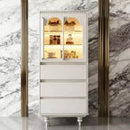 Gaoyangjiaju 56.88 Inch High White Pantry Cabinet with Arched Glass Doors and 3 Drawers Freestanding Kitchen Storage Organizer for Dining Living Room