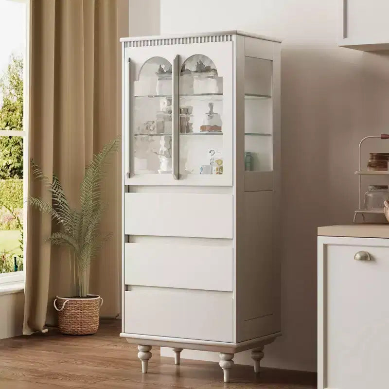 Gaoyangjiaju Meuble de rangement de cuisine autonome de 144,4 cm de haut, blanc, avec portes en verre cintrées et 3 tiroirs pour salle à manger ou salon