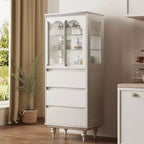 Gaoyangjiaju Meuble de rangement de cuisine autonome de 144,4 cm de haut, blanc, avec portes en verre cintrées et 3 tiroirs pour salle à manger ou salon