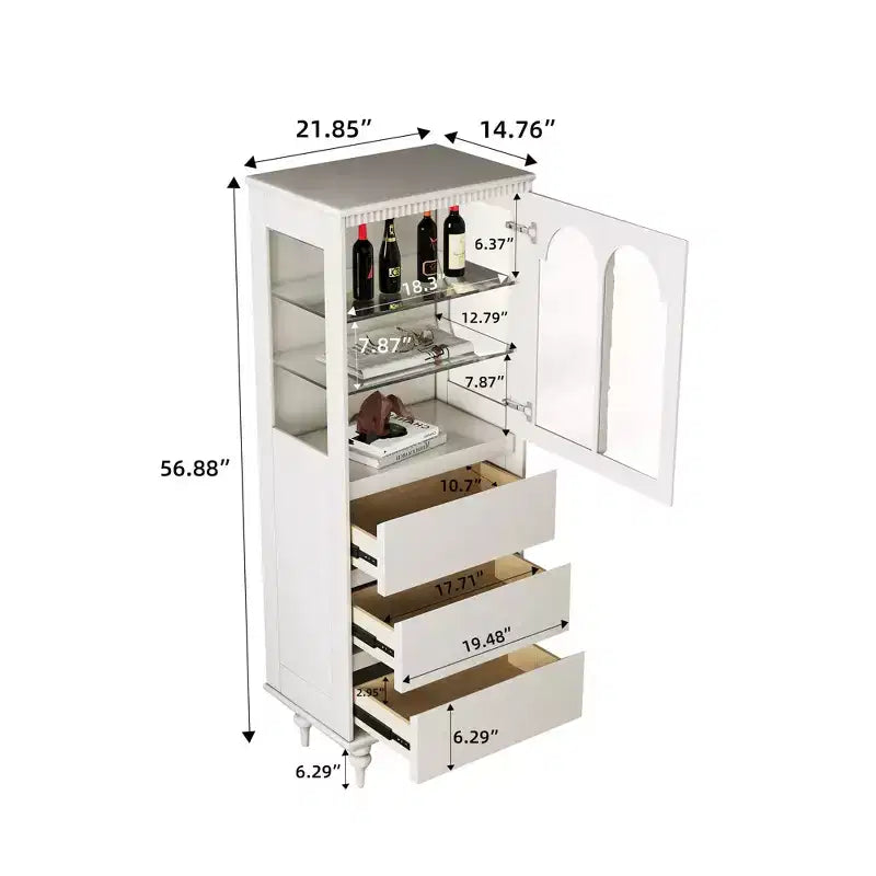 Gaoyangjiaju Meuble de rangement de cuisine autonome de 144,4 cm de haut, blanc, avec portes en verre cintrées et 3 tiroirs pour salle à manger ou salon