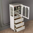 Gaoyangjiaju Meuble de rangement de cuisine autonome de 144,4 cm de haut, blanc, avec portes en verre cintrées et 3 tiroirs pour salle à manger ou salon