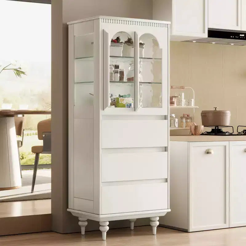 Gaoyangjiaju Meuble de rangement de cuisine autonome de 144,4 cm de haut, blanc, avec portes en verre cintrées et 3 tiroirs pour salle à manger ou salon