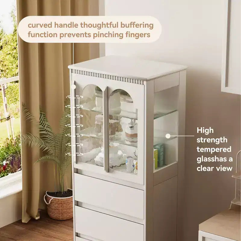 Gaoyangjiaju Meuble de rangement de cuisine autonome de 144,4 cm de haut, blanc, avec portes en verre cintrées et 3 tiroirs pour salle à manger ou salon