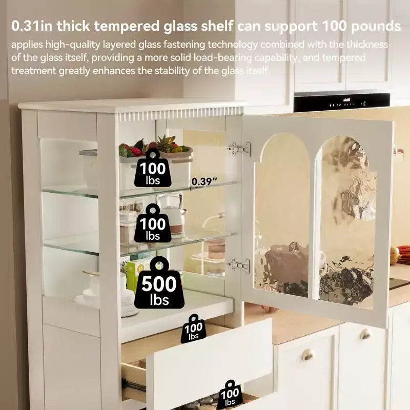 Gaoyangjiaju Meuble de rangement de cuisine autonome de 144,4 cm de haut, blanc, avec portes en verre cintrées et 3 tiroirs pour salle à manger ou salon