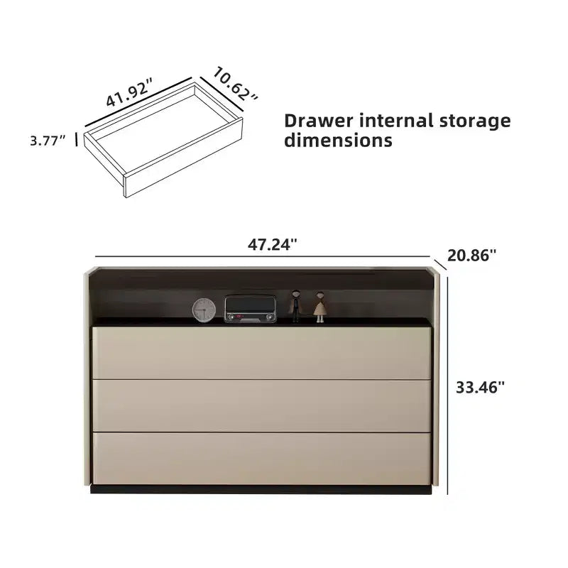 Commode moderne à 3 tiroirs Gaoyangjiaju de 120 cm avec étagère de rangement ouverte pour chambre à coucher, salon, console multimédia bicolore crème et bois foncé.