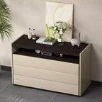 Commode moderne à 3 tiroirs Gaoyangjiaju de 120 cm avec étagère de rangement ouverte pour chambre à coucher, salon, console multimédia bicolore crème et bois foncé.