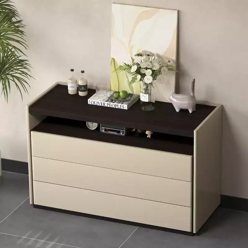 Commode moderne à 3 tiroirs Gaoyangjiaju de 120 cm avec étagère de rangement ouverte pour chambre à coucher, salon, console multimédia bicolore crème et bois foncé.