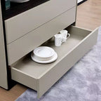 Commode moderne à 3 tiroirs Gaoyangjiaju de 120 cm avec étagère de rangement ouverte pour chambre à coucher, salon, console multimédia bicolore crème et bois foncé.