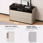 Commode moderne à 3 tiroirs Gaoyangjiaju de 120 cm avec étagère de rangement ouverte pour chambre à coucher, salon, console multimédia bicolore crème et bois foncé.