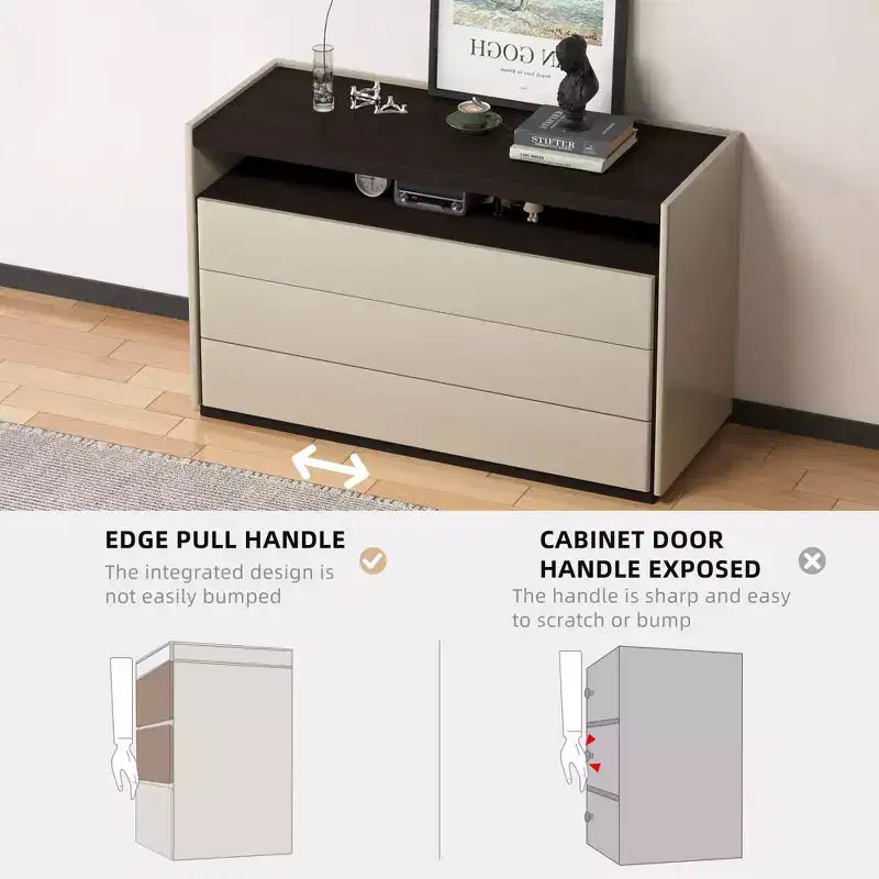 Commode moderne à 3 tiroirs Gaoyangjiaju de 120 cm avec étagère de rangement ouverte pour chambre à coucher, salon, console multimédia bicolore crème et bois foncé.