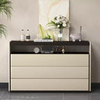 Commode moderne à 3 tiroirs Gaoyangjiaju de 120 cm avec étagère de rangement ouverte pour chambre à coucher, salon, console multimédia bicolore crème et bois foncé.
