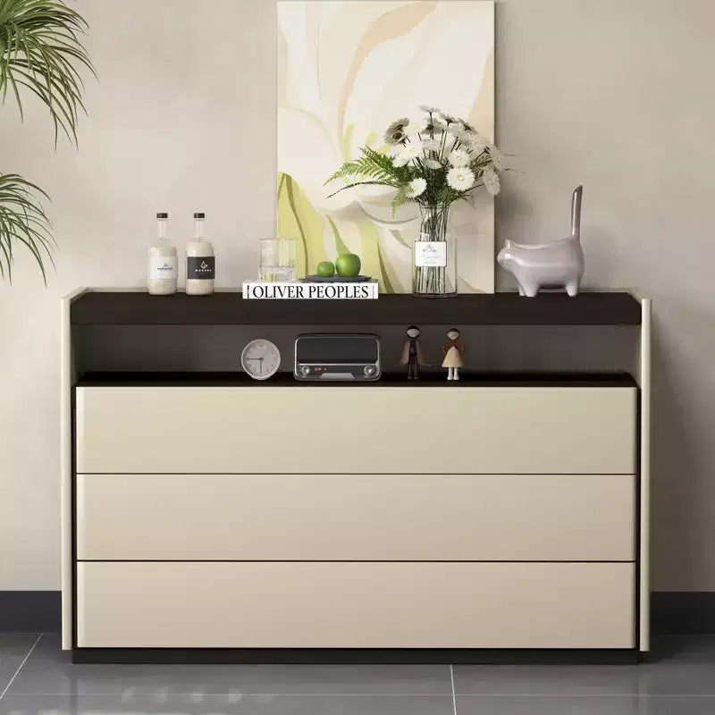 Commode moderne à 3 tiroirs Gaoyangjiaju de 120 cm avec étagère de rangement ouverte pour chambre à coucher, salon, console multimédia bicolore crème et bois foncé.