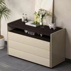 Commode moderne à 3 tiroirs Gaoyangjiaju de 120 cm avec étagère de rangement ouverte pour chambre à coucher, salon, console multimédia bicolore crème et bois foncé.