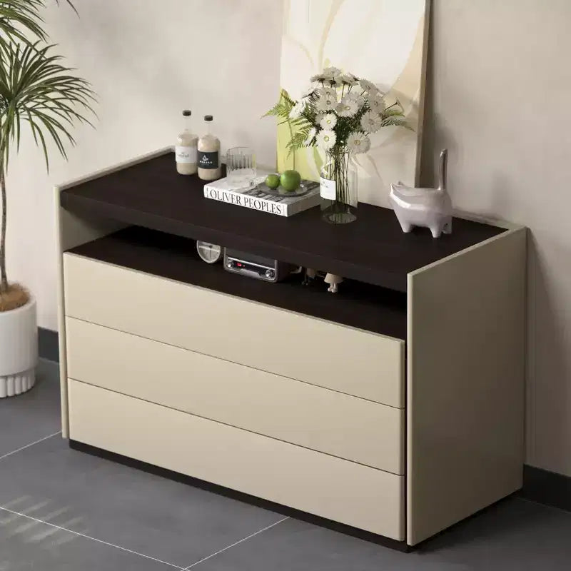 Commode moderne à 3 tiroirs Gaoyangjiaju de 120 cm avec étagère de rangement ouverte pour chambre à coucher, salon, console multimédia bicolore crème et bois foncé.