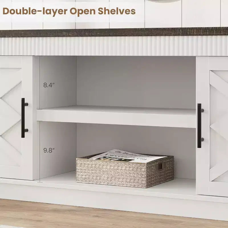 Meuble TV de Ferme pour TV de 70/75 pouces, Meuble TV de 165 cm de long avec 2 Portes et Étagère Ouverte, Consoles TV Rustiques Cannelées
