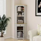 JVNOXK68 Armoire d'angle haute style bar rustique, meuble de rangement d'angle autoportant avec 1 porte, 1 tiroir et étagères réglables Blanc