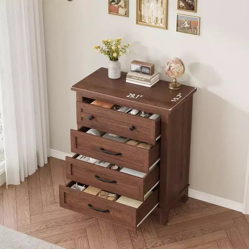 Commode à 4 tiroirs, meuble de rangement en bois autoportant de 88,4 cm de haut avec grande capacité de rangement - Organisateur peu encombrant pour chambre, salon et placard