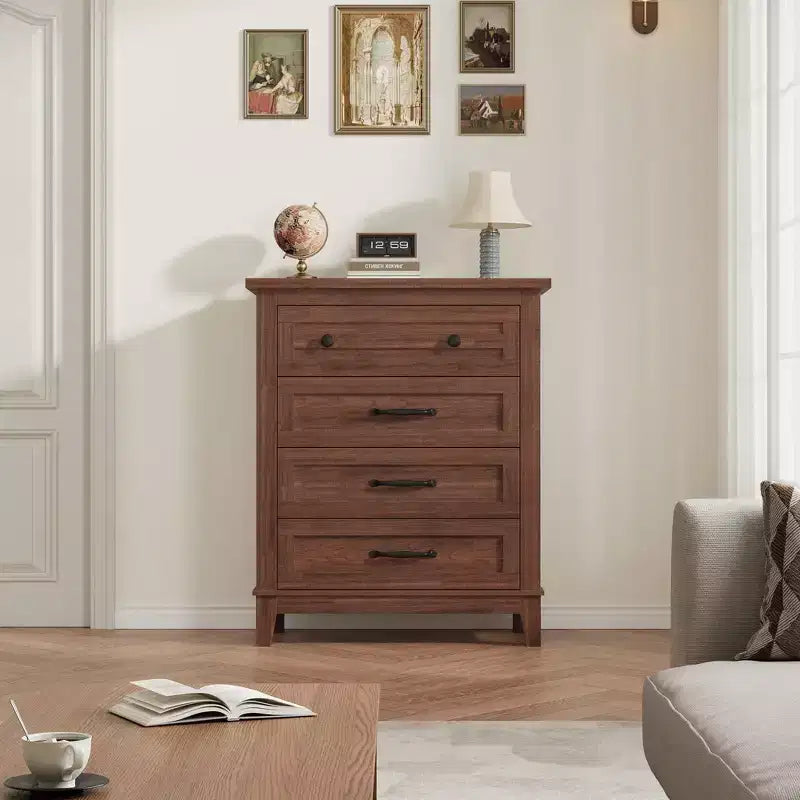 Commode à 4 tiroirs, meuble de rangement en bois autoportant de 88,4 cm de haut avec grande capacité de rangement - Organisateur peu encombrant pour chambre, salon et placard