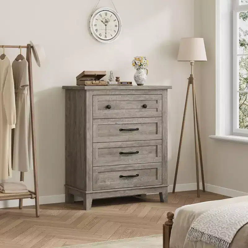 Commode à 4 tiroirs, meuble de rangement en bois autoportant de 88,4 cm de haut avec grande capacité de rangement - Organisateur peu encombrant pour chambre, salon et placard