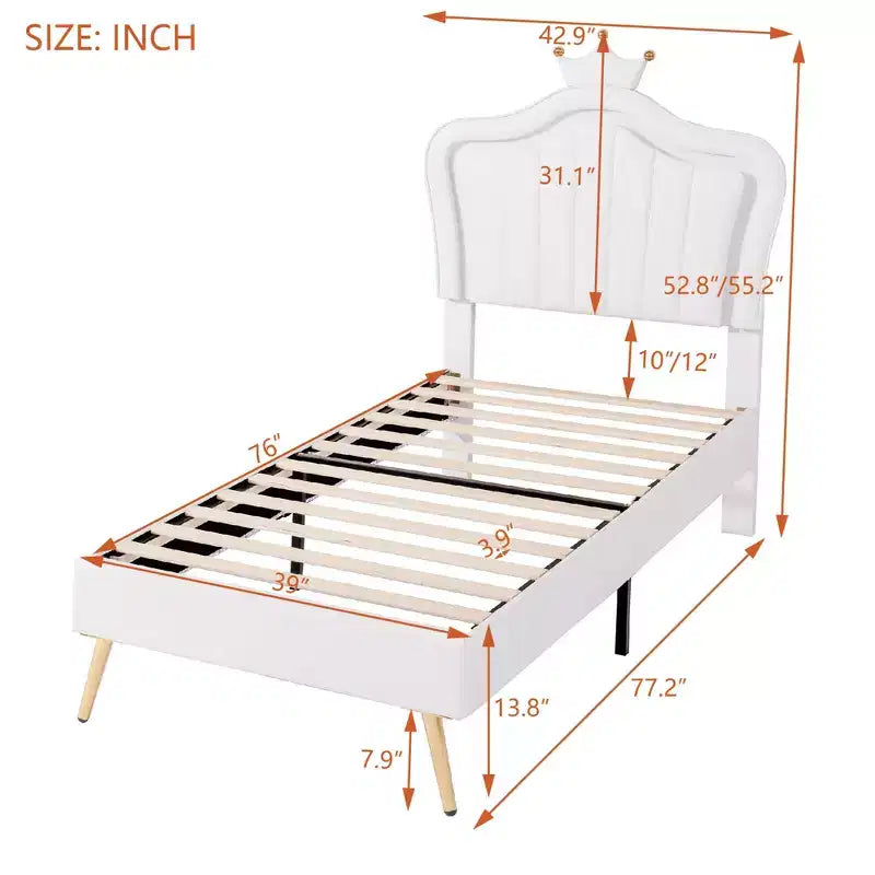 SC-1PC Cadre de lit double rembourré avec lumières LED, lit de princesse moderne rembourré avec tête de lit couronne blanc