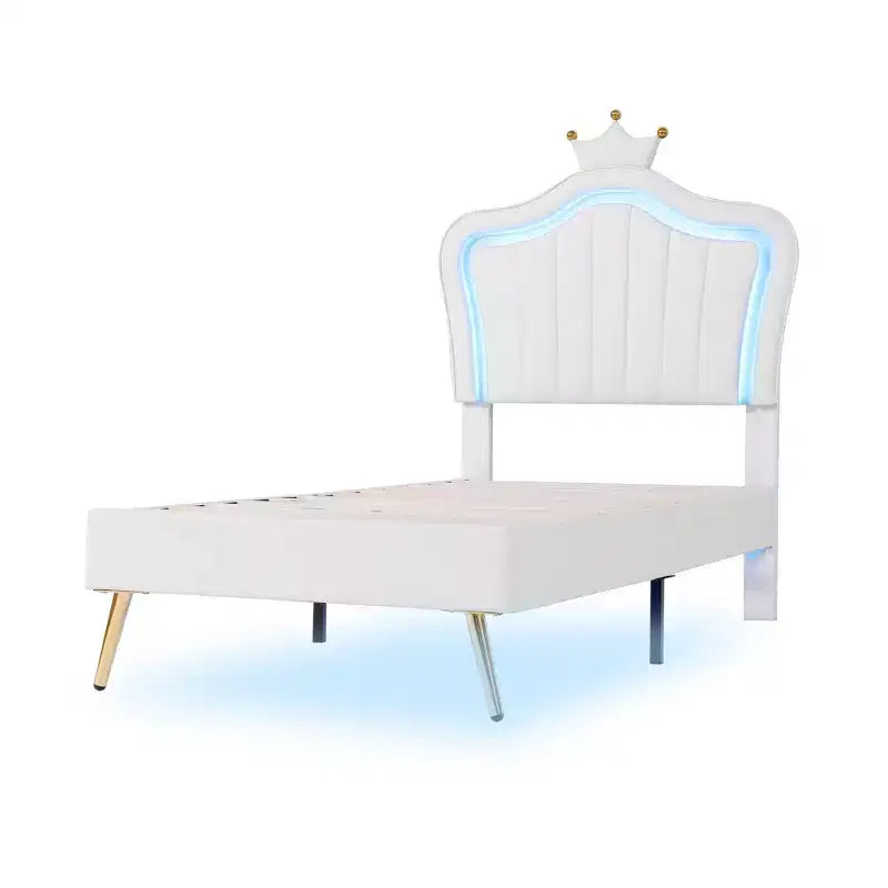 SC-1PC Cadre de lit double rembourré avec lumières LED, lit de princesse moderne rembourré avec tête de lit couronne blanc