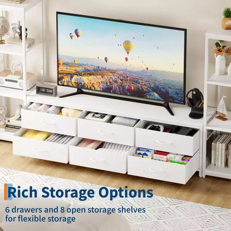TV Stands Dresser with 6 Fabric Drawers, Large Entertainment Center with 2 Industrial 4-Tier Storage Shelves, Modern TV Console Cabinet