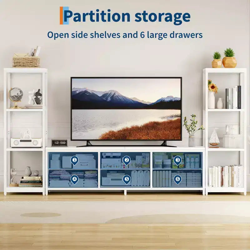 TV Stands Dresser with 6 Fabric Drawers, Large Entertainment Center with 2 Industrial 4-Tier Storage Shelves, Modern TV Console Cabinet