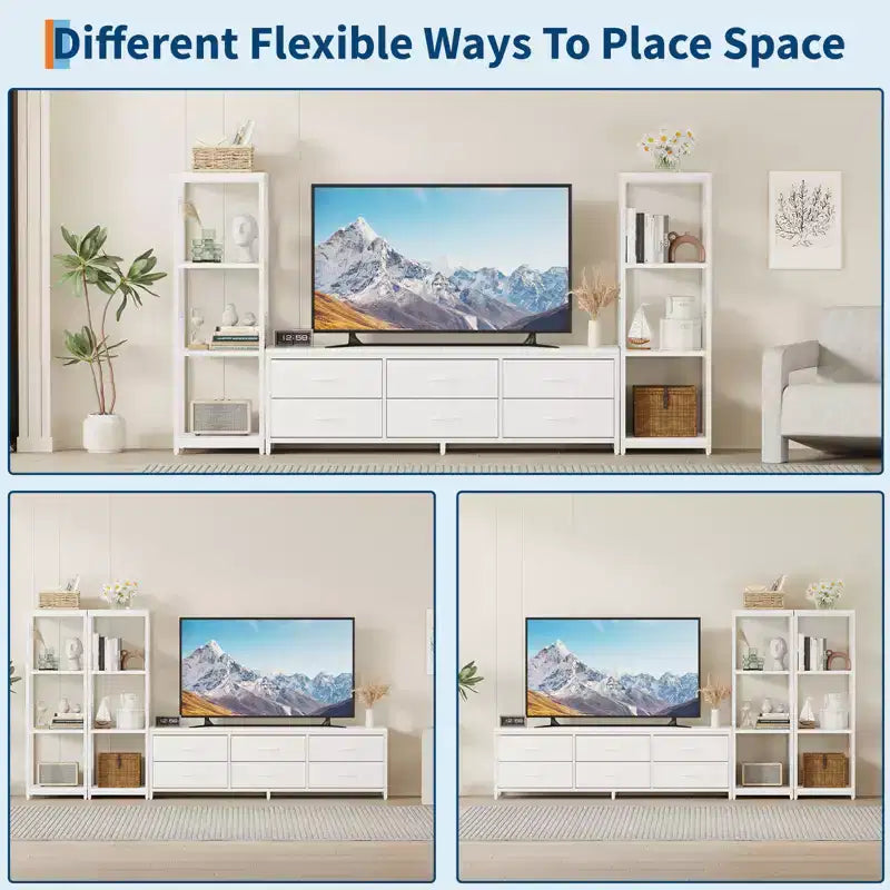 TV Stands Dresser with 6 Fabric Drawers, Large Entertainment Center with 2 Industrial 4-Tier Storage Shelves, Modern TV Console Cabinet