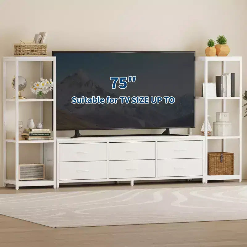 TV Stands Dresser with 6 Fabric Drawers, Large Entertainment Center with 2 Industrial 4-Tier Storage Shelves, Modern TV Console Cabinet