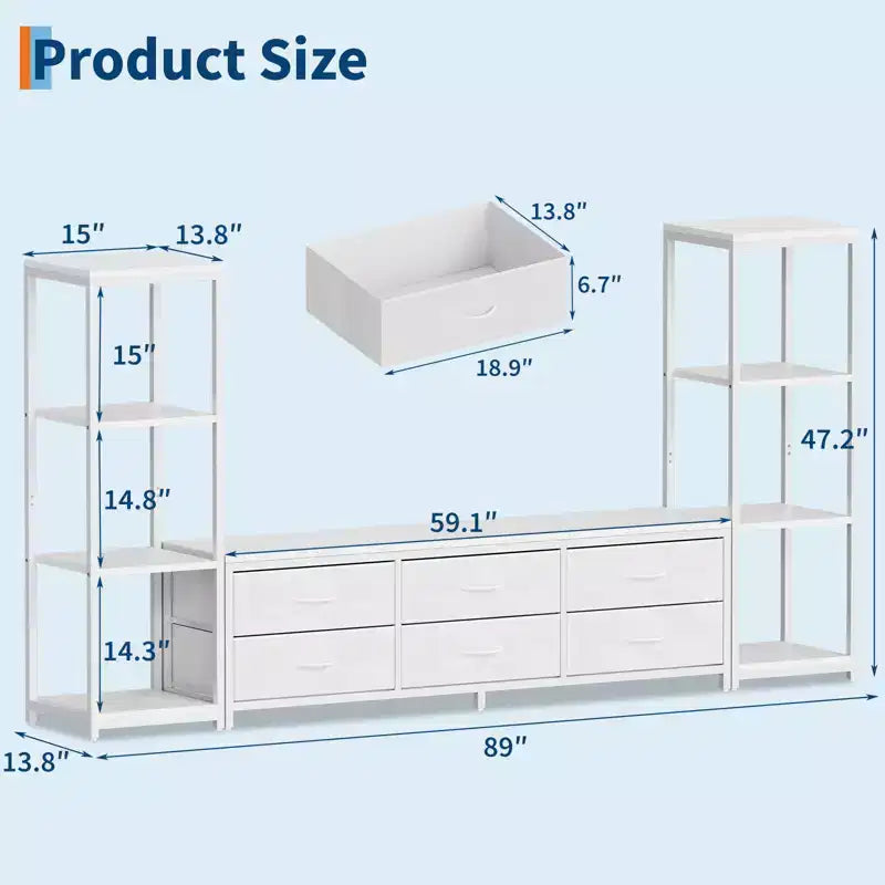 TV Stands Dresser with 6 Fabric Drawers, Large Entertainment Center with 2 Industrial 4-Tier Storage Shelves, Modern TV Console Cabinet