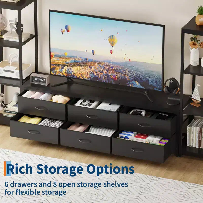 TV Stands Dresser with 6 Fabric Drawers, Large Entertainment Center with 2 Industrial 4-Tier Storage Shelves, Modern TV Console Cabinet