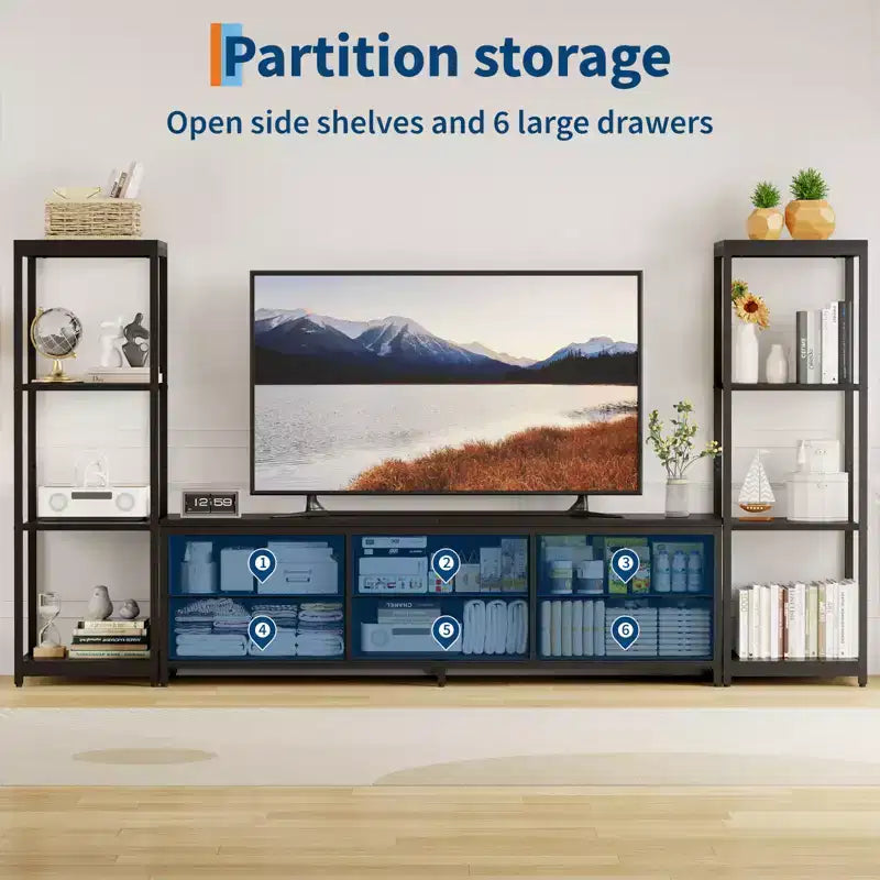TV Stands Dresser with 6 Fabric Drawers, Large Entertainment Center with 2 Industrial 4-Tier Storage Shelves, Modern TV Console Cabinet