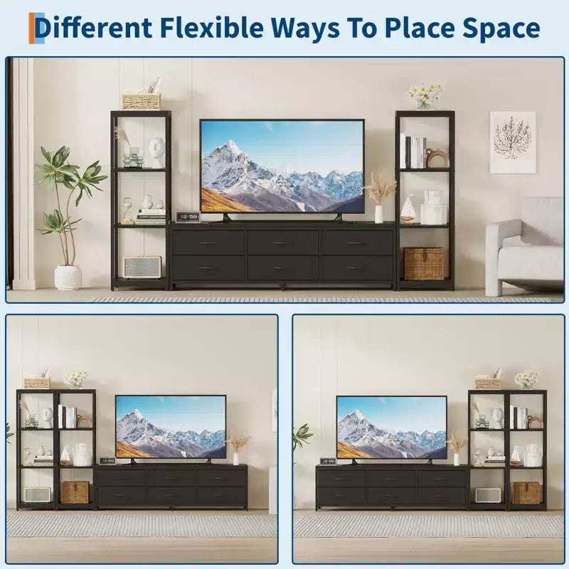 TV Stands Dresser with 6 Fabric Drawers, Large Entertainment Center with 2 Industrial 4-Tier Storage Shelves, Modern TV Console Cabinet
