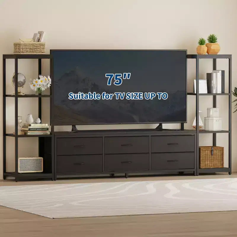 TV Stands Dresser with 6 Fabric Drawers, Large Entertainment Center with 2 Industrial 4-Tier Storage Shelves, Modern TV Console Cabinet