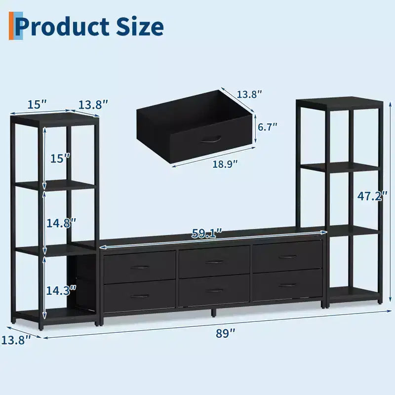 TV Stands Dresser with 6 Fabric Drawers, Large Entertainment Center with 2 Industrial 4-Tier Storage Shelves, Modern TV Console Cabinet