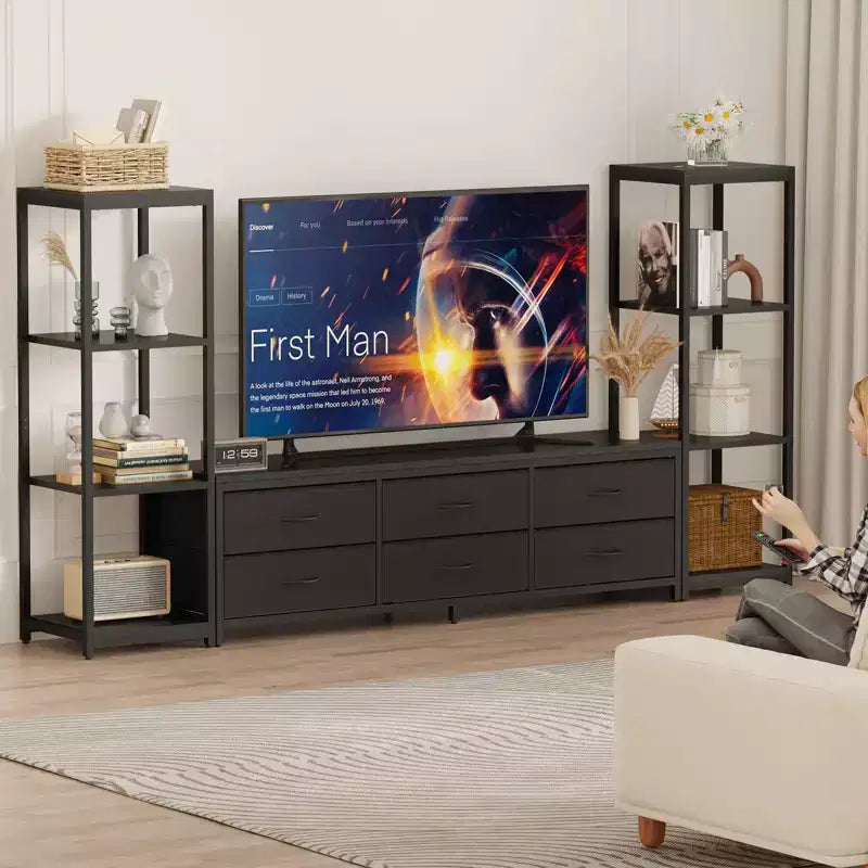 TV Stands Dresser with 6 Fabric Drawers, Large Entertainment Center with 2 Industrial 4-Tier Storage Shelves, Modern TV Console Cabinet