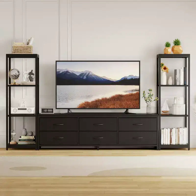 TV Stands Dresser with 6 Fabric Drawers, Large Entertainment Center with 2 Industrial 4-Tier Storage Shelves, Modern TV Console Cabinet