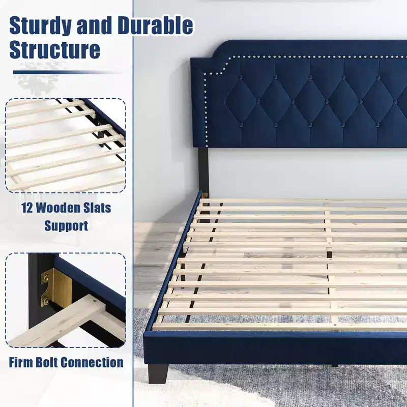 Lit plateforme Costway Queen Size en velours avec tête de lit capitonnée à boutons et clous décoratifs