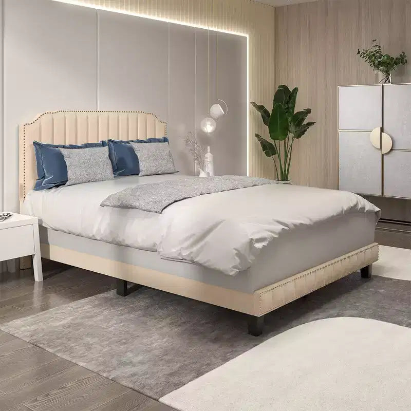 Costway Twin/Full/Queen Upholstered Bed Frame with linen fabric vertical lines Rivets headboard