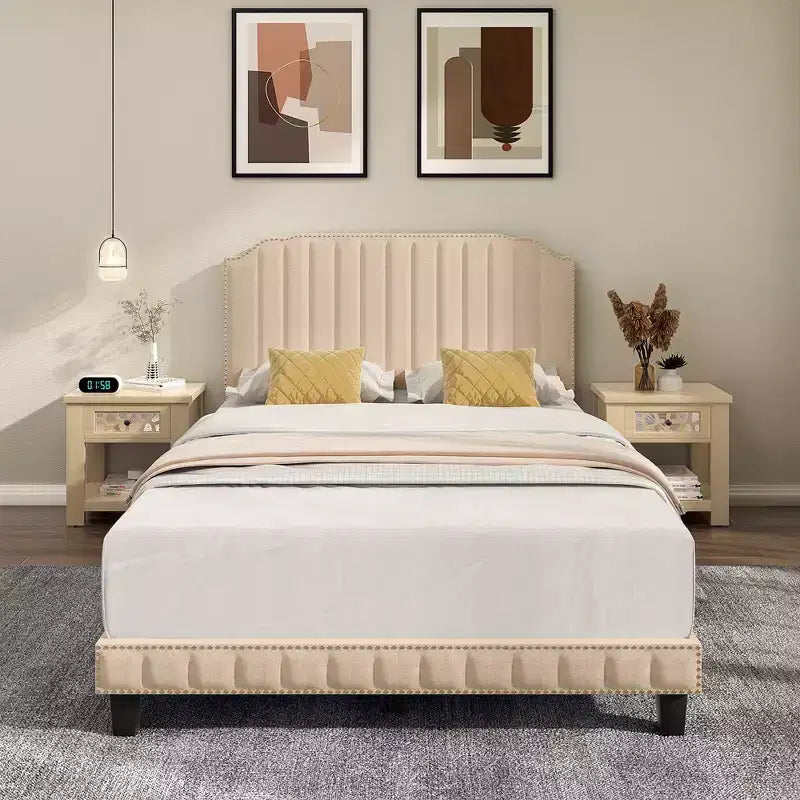 Costway Twin/Full/Queen Upholstered Bed Frame with linen fabric vertical lines Rivets headboard
