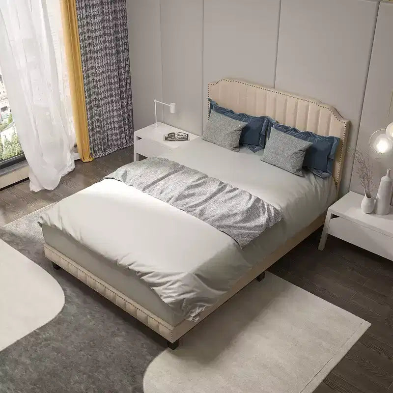 Costway Twin/Full/Queen Upholstered Bed Frame with linen fabric vertical lines Rivets headboard