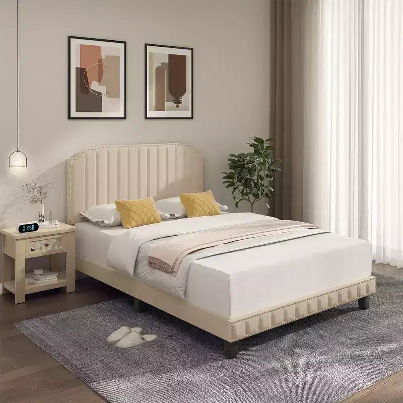 Costway Twin/Full/Queen Upholstered Bed Frame with linen fabric vertical lines Rivets headboard