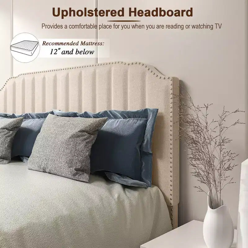 Costway Twin/Full/Queen Upholstered Bed Frame with linen fabric vertical lines Rivets headboard