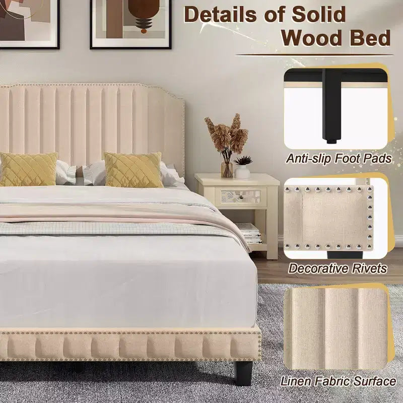 Costway Twin/Full/Queen Upholstered Bed Frame with linen fabric vertical lines Rivets headboard