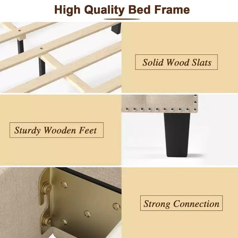 Costway Twin/Full/Queen Upholstered Bed Frame with linen fabric vertical lines Rivets headboard