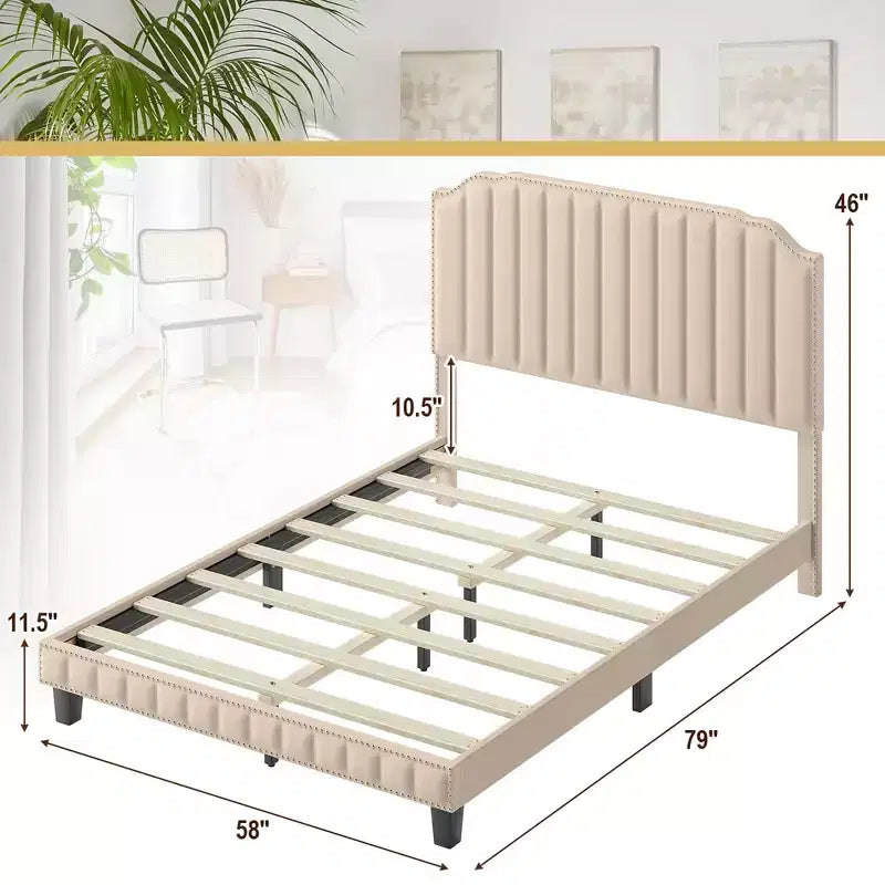 Costway Twin/Full/Queen Upholstered Bed Frame with linen fabric vertical lines Rivets headboard