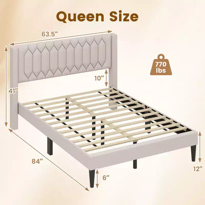 Cadre de lit Queen Size Costway en velours hollandais / tissu lin, rembourré avec tête de lit à ailerons